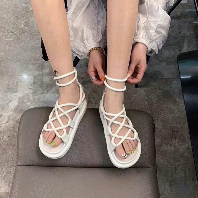 European Roman Sandals Women's Summer Leather Flat Casual All-match Beach Foot Ring Strap Sandals