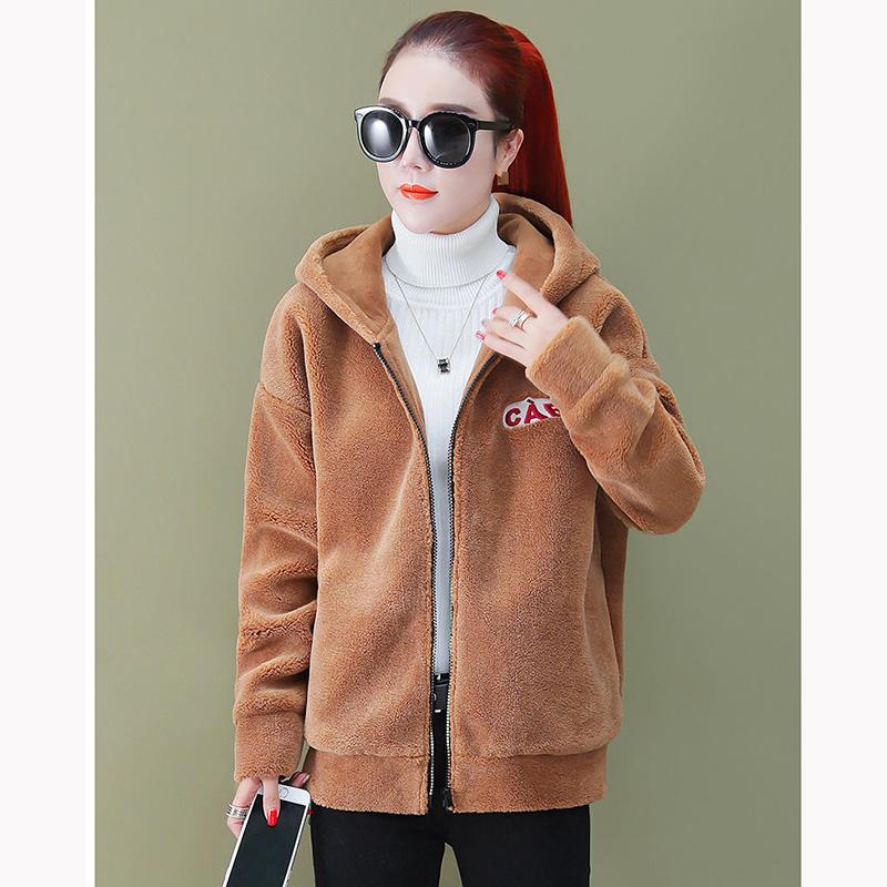 Fleece Thickened Faux Lamb Wool Coat Women's Short Korean Style Loose Autumn and Winter Hooded Top