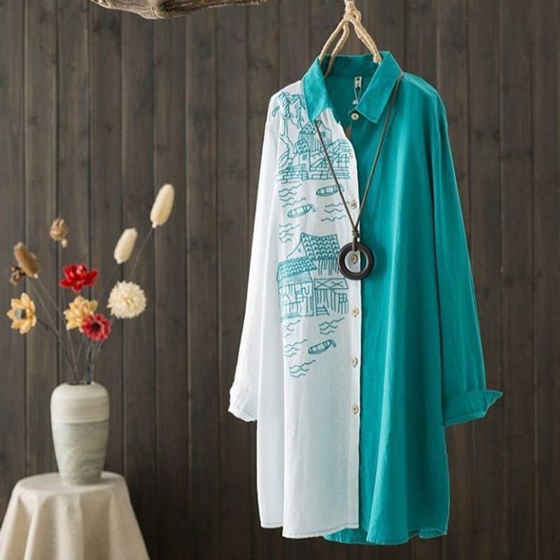 Ladies Cardigan Shirt Top Long-sleeved Loose-embroidered Cotton and Linen Literary Mid-length Shirt