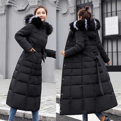 Women's Padded Winter Jacket Warm Hoodies Long Down Jacket with Fur Hood Down Quilted Jacket