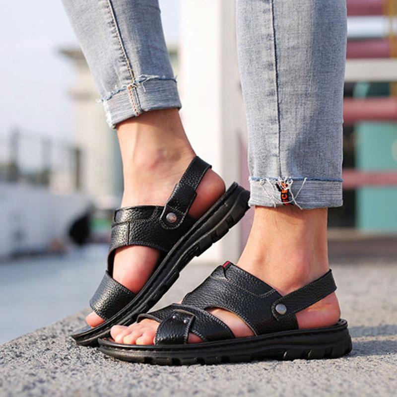 Men Leather Sandals Summer Classic Peep Toe Slippers Soft Sandals Men Roman Comfortable Outdoor Walking Footwear