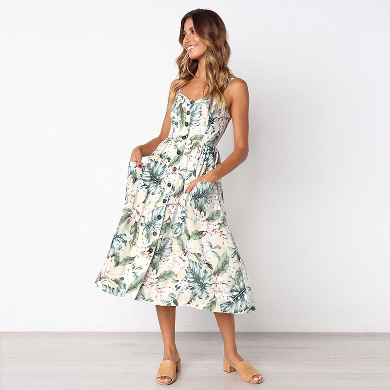 Pofulove Vintage Casual Sundress Female Beach Dress Midi Button Backless Polka Dot Striped Women Dress Summer  Boho Sexy Floral Dress