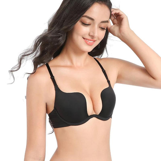Women's Half-cup Bra Set Sexy Gather U-shaped Bra Simple Glossy Brassiere Top Thin Bottom Thick Underwear Set Adjustable Low-cut Off Shoulder Bra Set