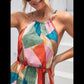 Patchwork Print Ruffle Hem Halter Dress Holiday Style Long Sleeveless Dress