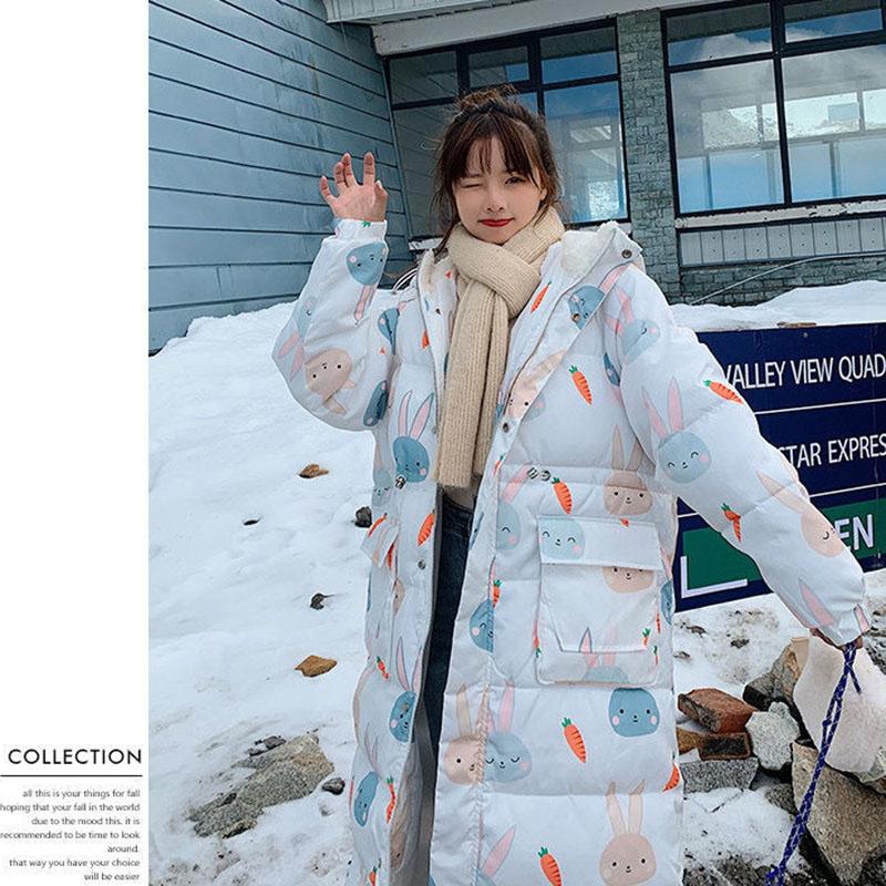 Cute Rabbit Ears Down Padded Jacket Women's Mid-length Thick Fishtail Padded Jacket Korean Style Loose Winter