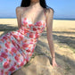 Female Vintage Floral Print Beach Dress Slim Elegant Backless Short Holiday Dress Graceful Sleeveless Vacation Dress