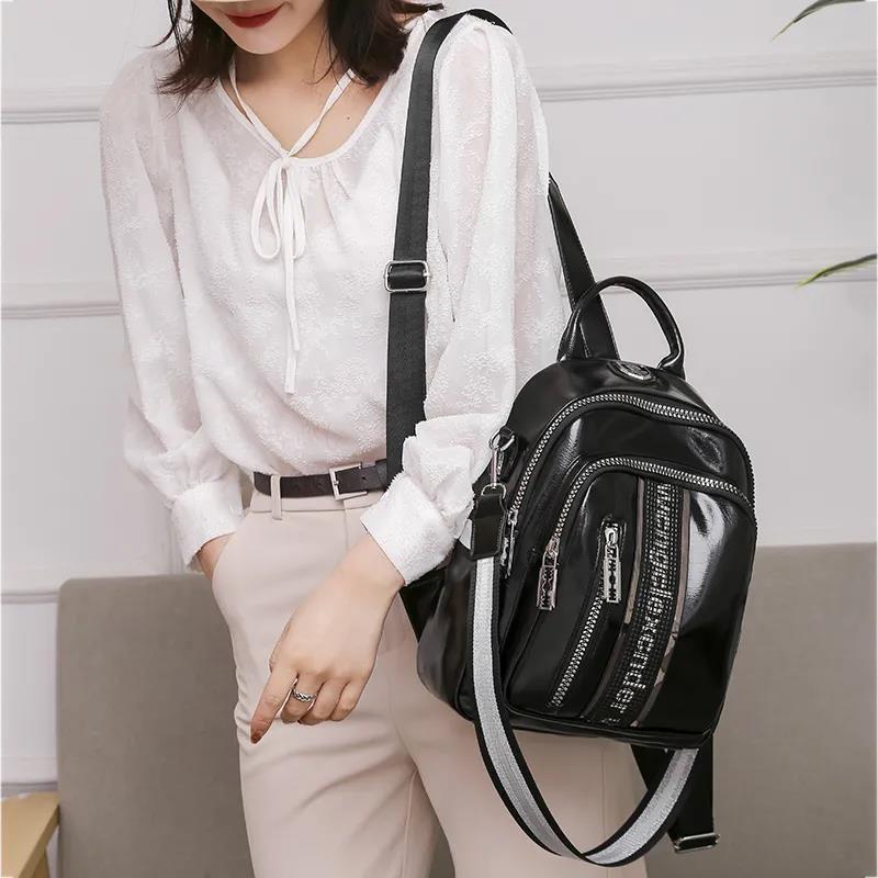 Women's Backpack Soft PU Leather Casual Multilayer Large Capacity College Schoolbag High Quality Shopping Travel Glossy Rhinestone