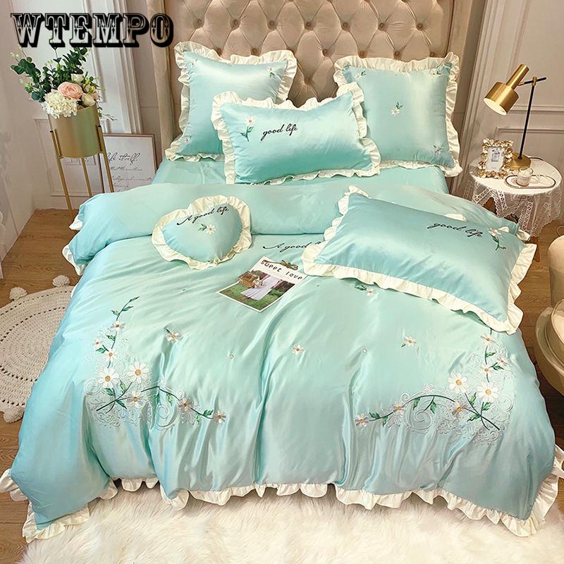 Cotton 4pcs Jacquard Silk Cotton Luxury Bedding Set King Size Queen Bedclothes Bed Skirt
