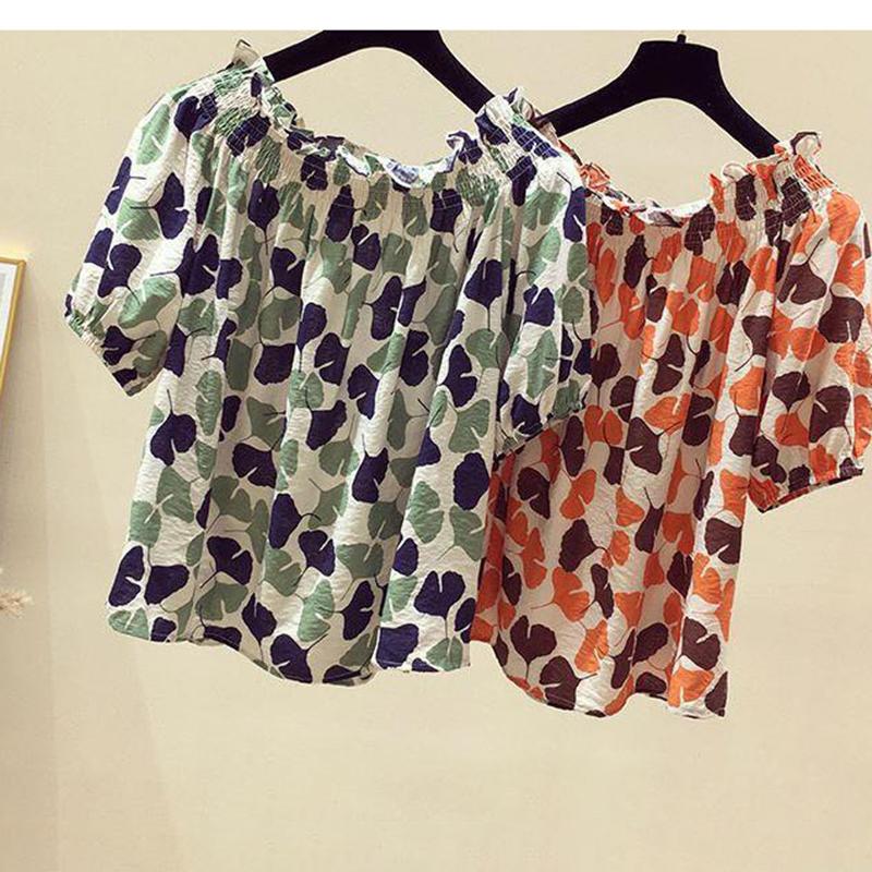 One-shoulder Top Women's Short-sleeved Loose-fitting Belly Slimming Women's Blouse Floral Chiffon Shirt Top Women's Off-shoulder Chiffon Shirt