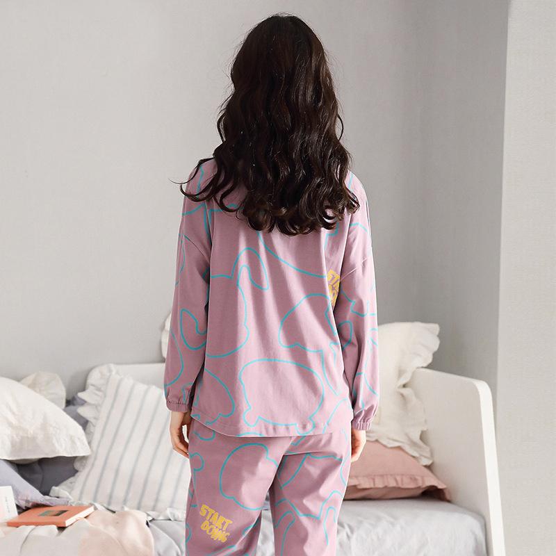 Women Cotton Pajamas Set Cartoon Cute Female Pyjamas Suit Long Sleeve Sleepwear Tops and Pants Sets Home Wear Casual Loose Pullover Nightwear