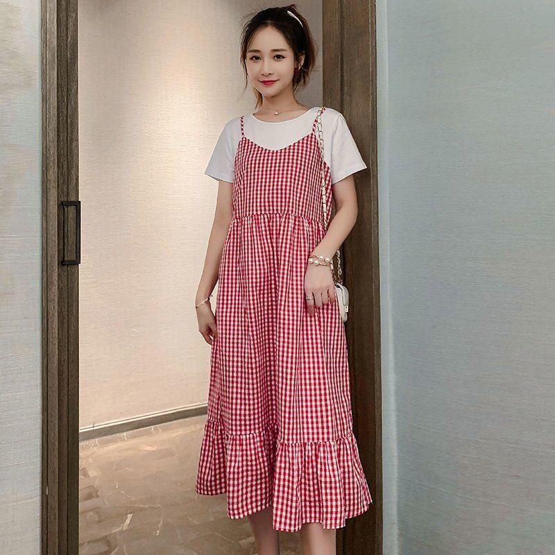 Maternity Clothes Short Sleeve Dress Mid-length Black Lace Loose Plus Size Mesh Round Neck Splicing Ruffle Skirt