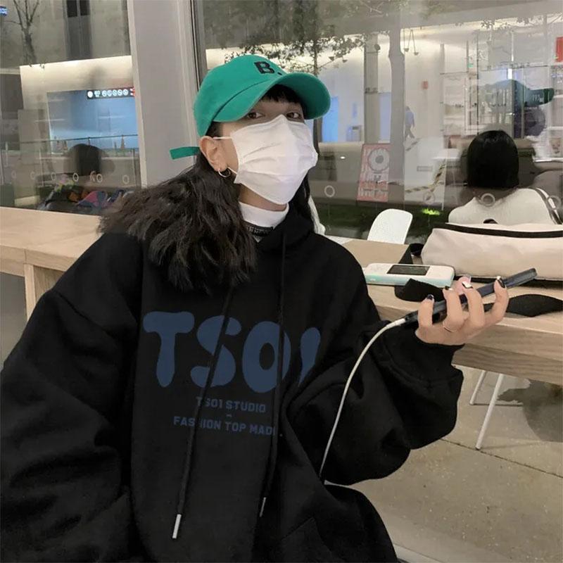 Female Ins Hooded Sweater Student Spring and Autumn Korean Version Loose All-match Coat Letter Printing Long-sleeved Pullover Sweater Coat