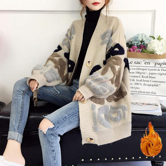 Colorblock Printing Thick Coat Button Knit Autumn and Winter Cardigan Loose Long-sleeved Sweater