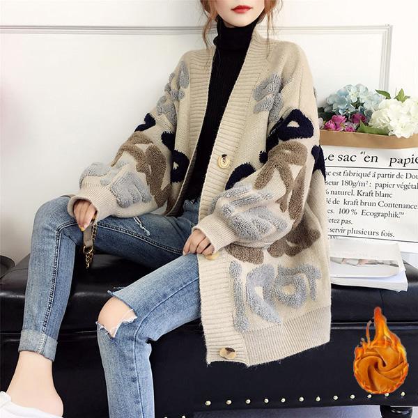 Colorblock Printing Thick Coat Button Knit Autumn and Winter Cardigan Loose Long-sleeved Sweater