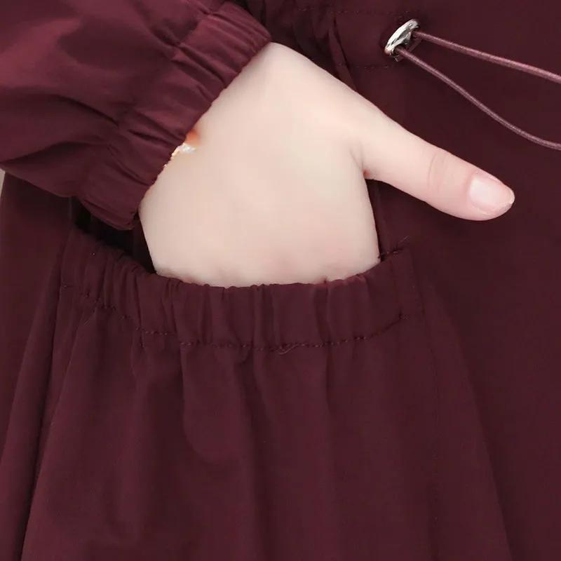 Women's Mid-length Hooded Windbreaker Solid Color Elastic Waist Thinner Hooded Jacket Korean Style Large Size Loose Jacket Drawstring Zipper Jacket