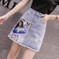 Women Anti-light Printed Diamond Denim Skirt High Waist Thin Sexy A-line Package Hip Skirt