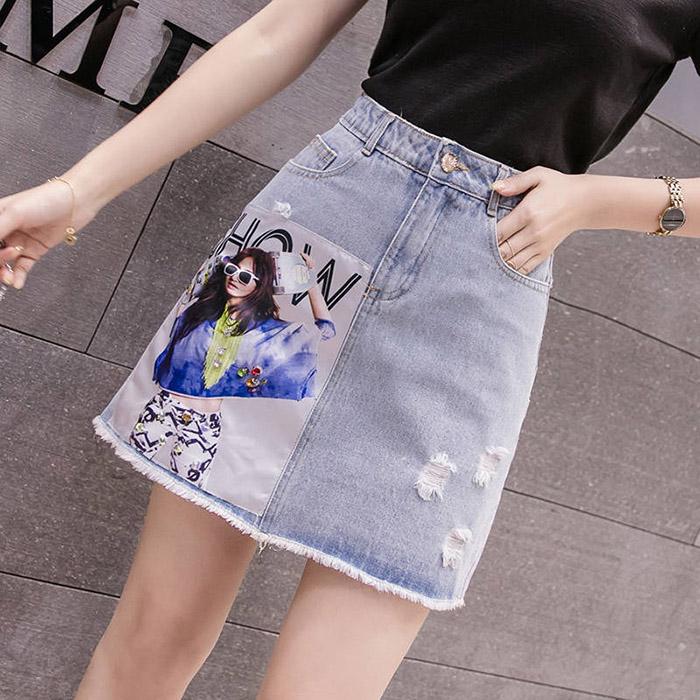 Women Anti-light Printed Diamond Denim Skirt High Waist Thin Sexy A-line Package Hip Skirt
