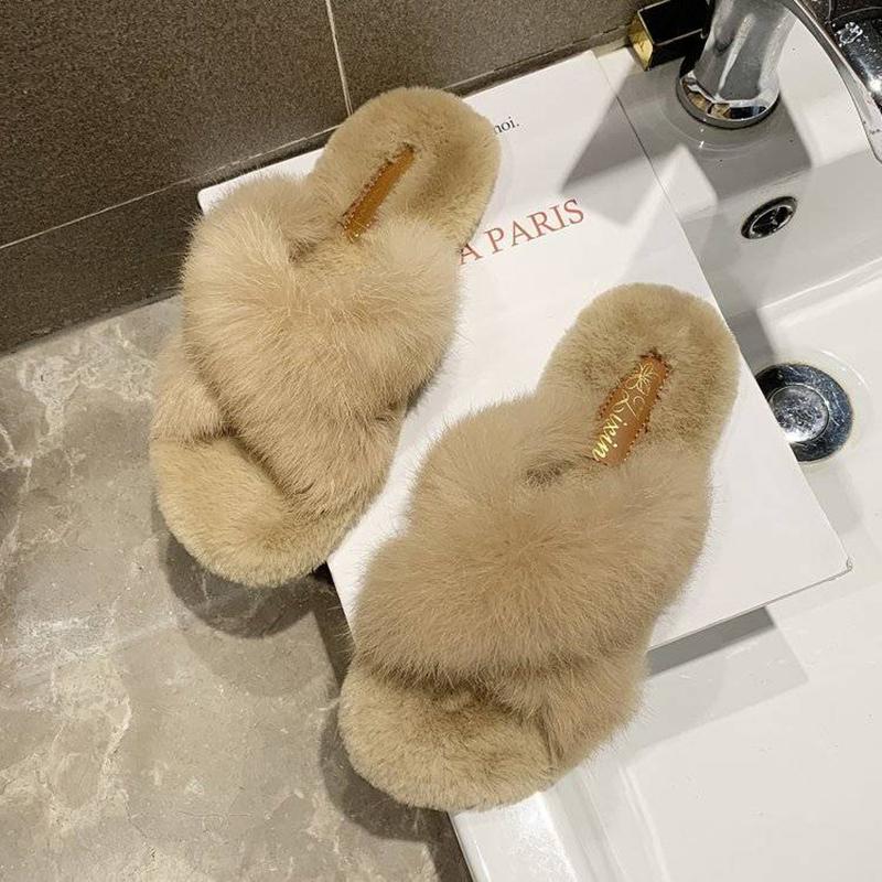 Outer Wear Fur Slippers Woman Made Rabbit Fur Cross Cotton Mop Home Warmth Cotton Mop Cute Warm Breathable and Comfortable