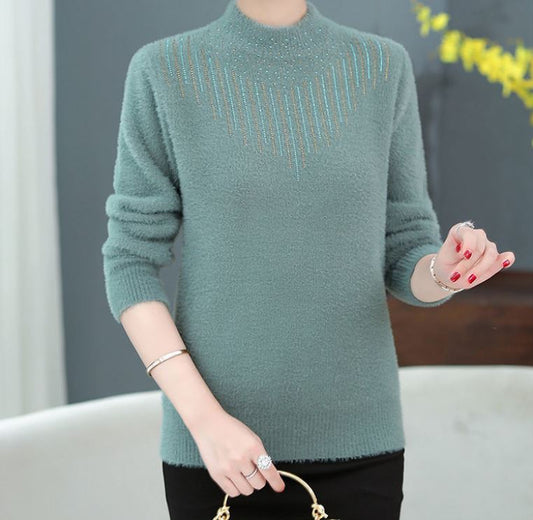 Autumn and Winter Women's Mink Fleece Sweater Loose Large Size Warm Bottoming Shirt Half Turtleneck Diamond Knitted Sweater