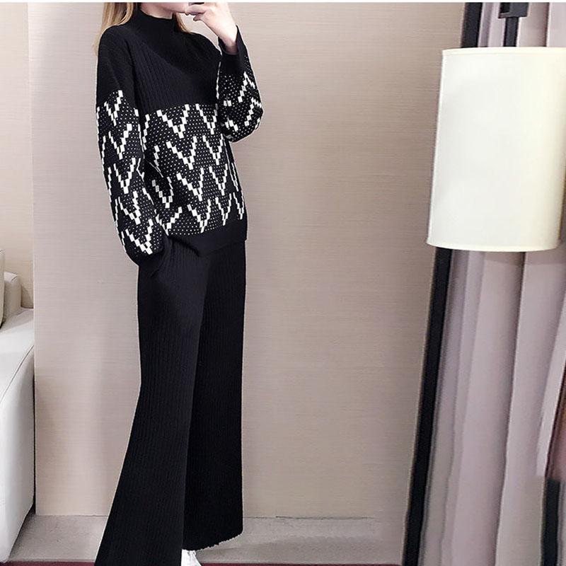 2pcs/set  Winter Tracksuit 2 Piece Pant Suits for Women Knitted Long Sleeve Two Piece Set Knit Top and Pants Women Outwear Outfits