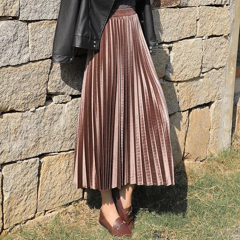 Velvet Pleated Skirt Women's Spring Autumn Korean Style High Waist Skirt Mid-length Slim A-line Skirt Long Skirt