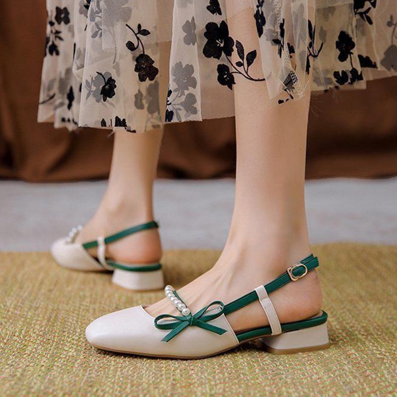 Fairy Style French Single Shoes Women Summer Mid-heel Thick-heeled Small Leather Shoes with Skirt One-word Buckle Sandals
