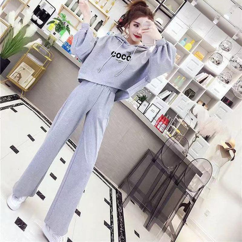 Hooded Long-sleeved Loose Warm Hoodie + Wide-leg Trousers Casual Two-piece Women's Thin Suit Is Simple Lightweight and Comfortable