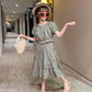 Girls Summer Korean Cake Skirt Suit Girl Western Style Cotton Plaid Short-sleeved Skirt Two-piece