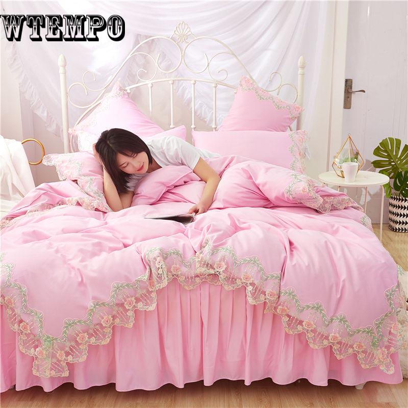 Princess Style Duvet Cover Set Cotton Bedding Sets Girls Cute Lace Bed Skirt Bedding Sets