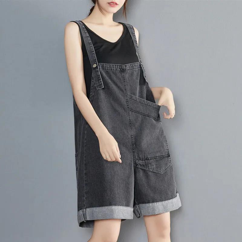 Wide-leg Denim Overalls on Both Sides Summer Female Students Loose Age-reducing Big Pocket Sling Jumpsuit Shorts Tide