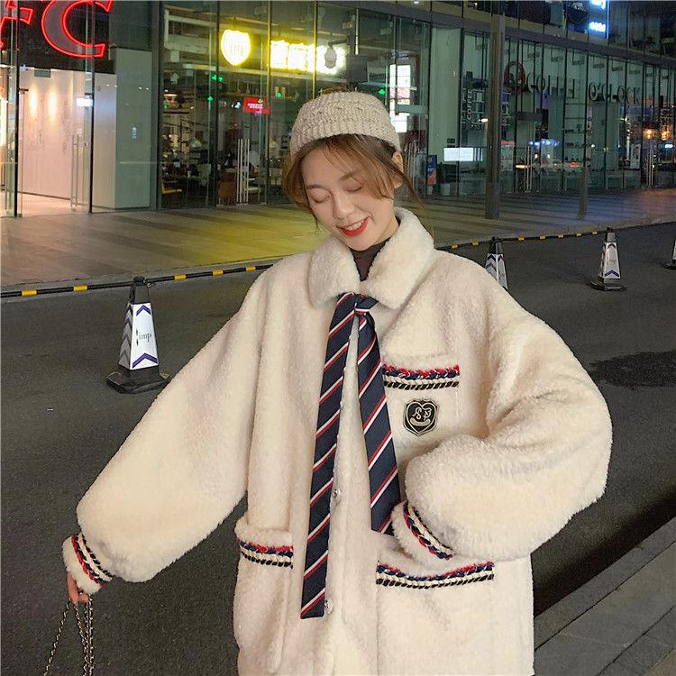 Winter All-match Lamb Wool Cotton Jacket Women Loose Lamb Wool White Mid-length Cotton Jacket