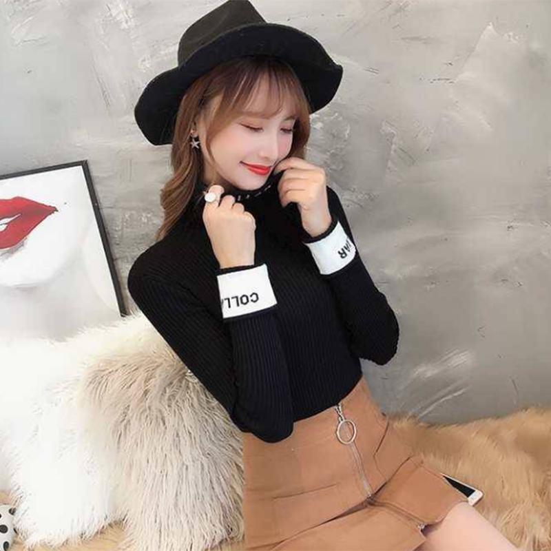 Pofulove sweater Slim thick letter short section long sleeves inside student turtleneck sweater base