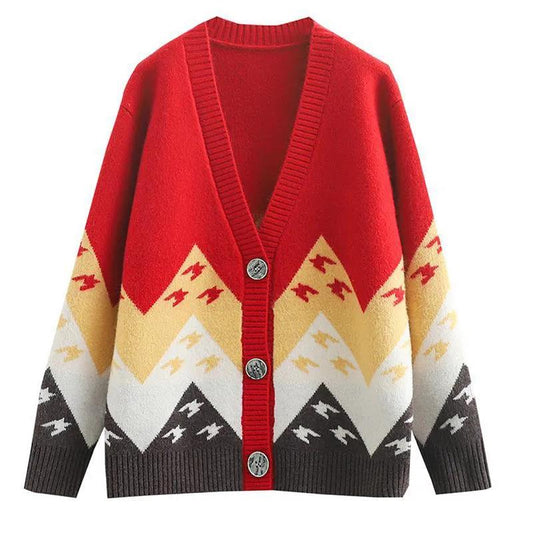 Color Matching Jacquard Knitted Sweater Cardigan Casual Versatile Knitted Sweater Jacket V-neck Long-sleeved Warm Retro Style