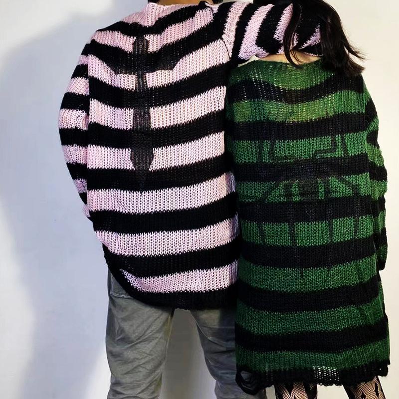 Punk Gothic Long Sweater Dress Plus Size Hollow Out Hole Destroy Pullover Jumper New Oversized Hip Hop Harajuku Striped Sweaters Hip Hop Streetwear