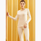Women's Long Sleeve Cotton Thermal Underwear Round Neck Solid Color Bottoming Pajama Set Slim Fit Elastic Pants Two Piece Set Sleeping Suit