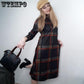 Plaid dress Long Sleeve Cotton Woolen Plus Size Vintage Women Casual Loose Autumn Winter Dress Elegant Clothes