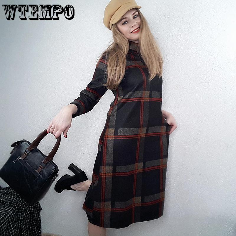 Plaid dress Long Sleeve Cotton Woolen Plus Size Vintage Women Casual Loose Autumn Winter Dress Elegant Clothes
