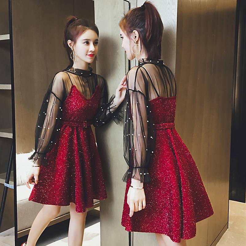 Korean Temperament Mesh Beaded Top Shiny Sling Waist Dress