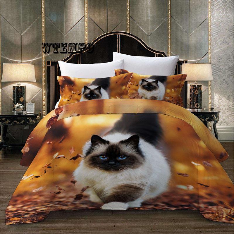 3pcs Cute 3D Autumn Cat Cat Print Duvet Cover Pillow Case Zipper Kids Bedding Set Bedclothes