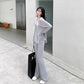 2PCS Women's Autumn Split Mid-Length Suit Casual Wide Long Sleeve Casual Sports Suit Loose Long Sleeve + High Waist Wide Leg Pants Two Piece Suit