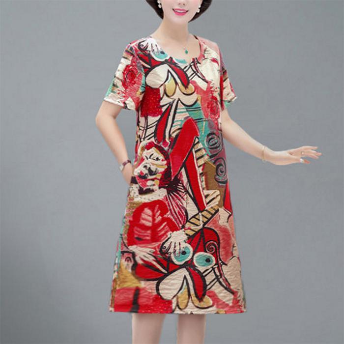 Women Summer L-XXXXXL Plus Size Mid-length Printed Dress Short Sleeve A-line knee-length