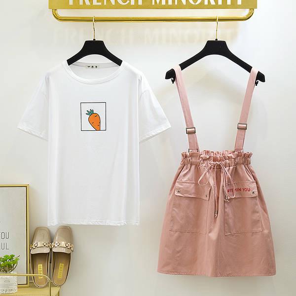 Skirt Suit Women Printed T-shirt Strap Skirt Two-piece Loosestrap Skirt Summer T-shirt Set