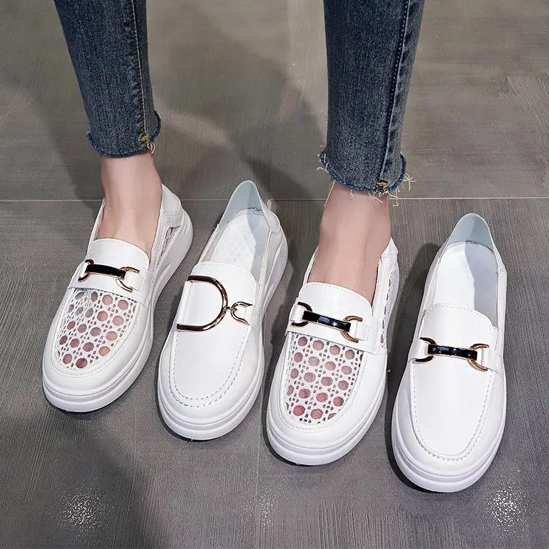 Women's Casual Flat White Shoes All-match Thin Section Breathable Loafers Women's Hollow Leather Shoes Comfortable and Breathable