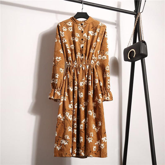 Autumn and winter stand collar floral dress long sleeves in the long section was thin floral skirt