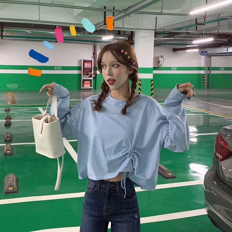Women Girls Drawstring Long Short Sleeve T-Shirt Solid Long Sleeve O-Neck Casual Tops Tee