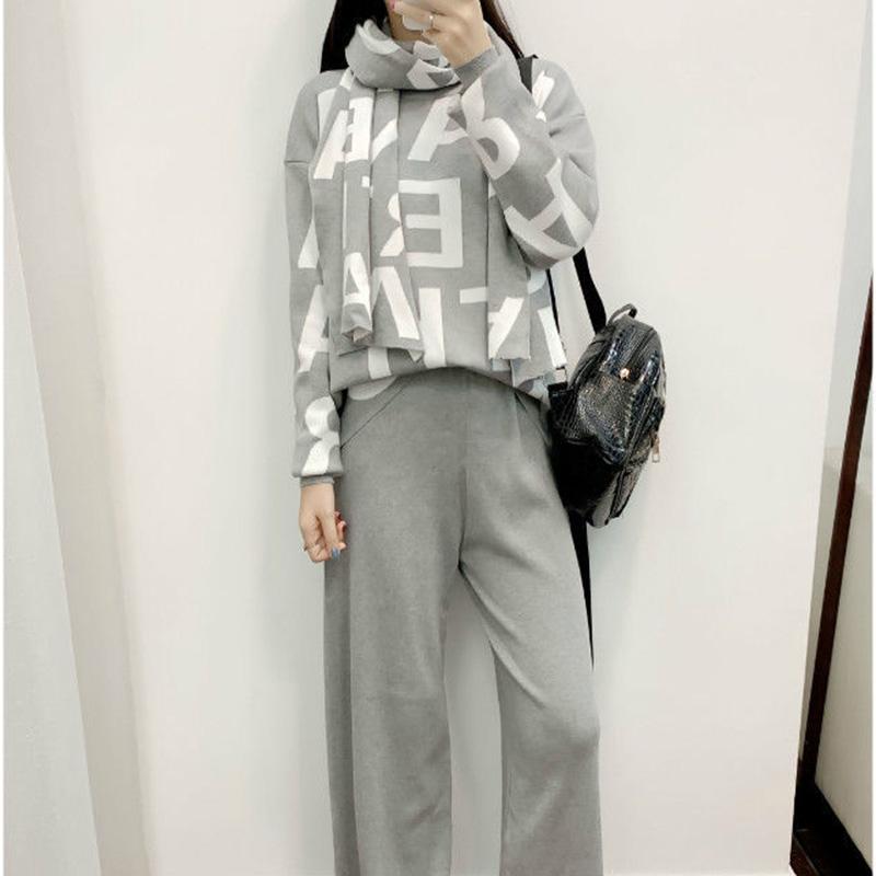 3pcs/set Knit Suit Women's Causul Letters Printed Knitted Sweater + Scarf+Knitted Pants 3 Piece Set Ladies Outfits Autumn Spring