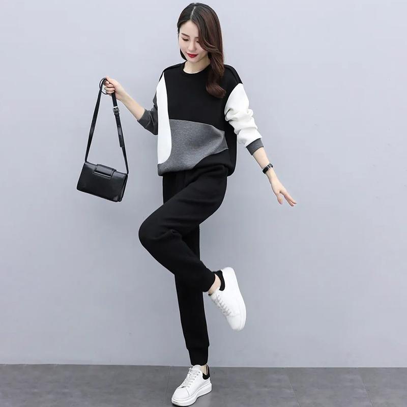 Women's Suits Are Loose Thin and Age-reducing Casual Two-piece Round Neck Long-sleeved Shirt + Casual Pants Warm and Comfortable