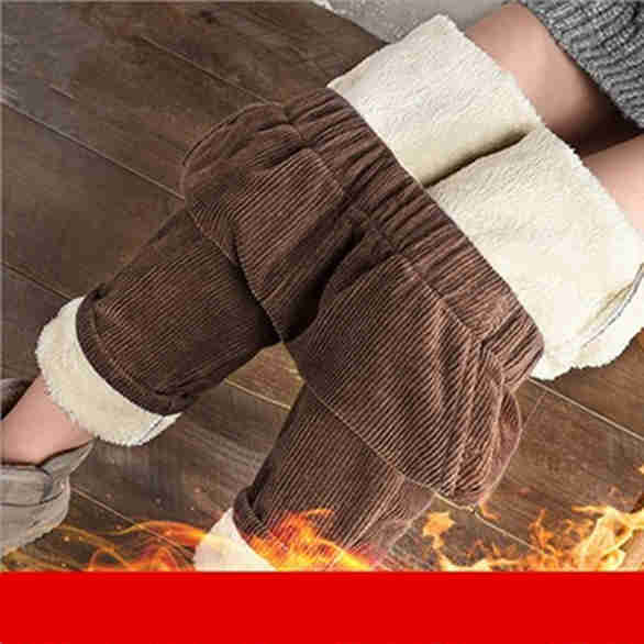 Women Fashion Winter Thicken Plush Corduroy Casual Pants Warm High Waist Trousers