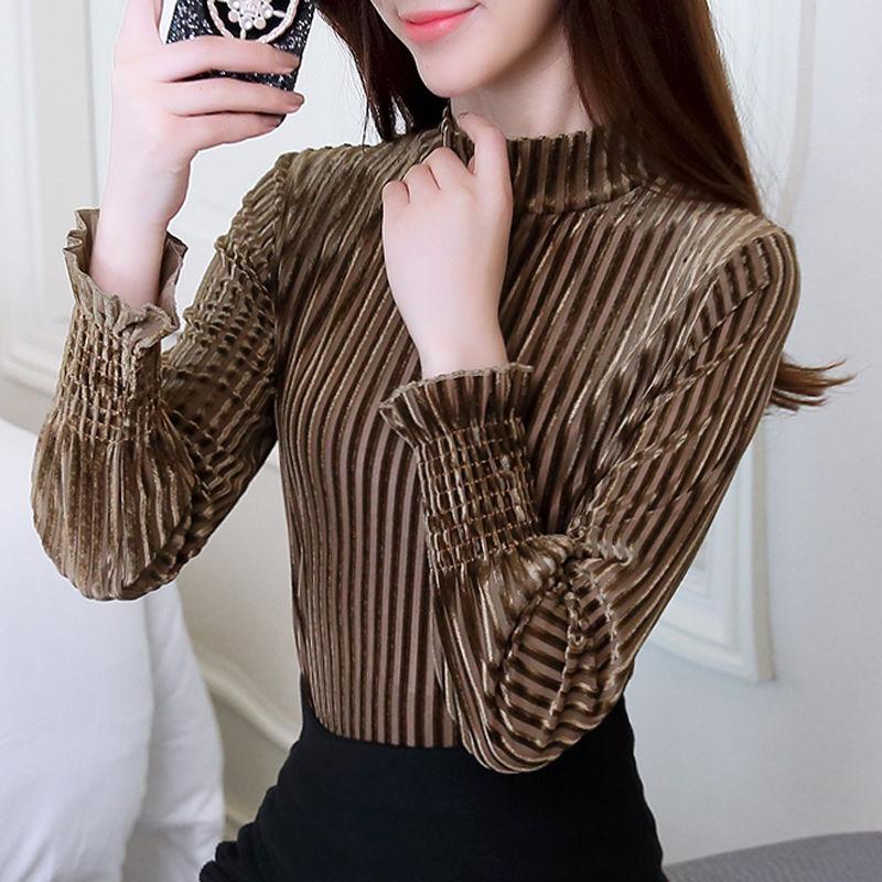 Women's Bottoming Shirt Long-sleeved Autumn Gold Velvet Small Shirt Autumn and Winter T-shirt Warm Jacket Temperament Inside