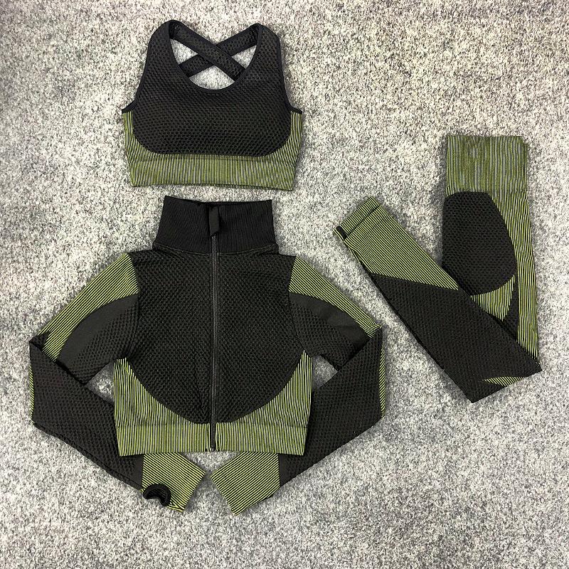 3PCS Seamless Knitted Yoga Suit Set Four Seasons Universal Hip Lift Fitness Sports Suit Gym Running Trousers Vest Long-sleeved Jacket Three-piece Set